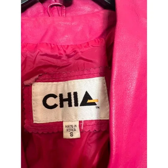 Vintage CHIA Hot Pink Leather Cropped Jacket With Button Closure & Belted Waist - Picture 3 of 8